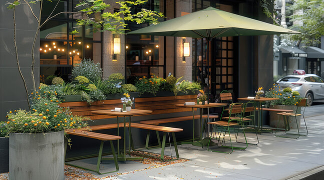 Outdoor seating areas, outdoor cafe tables with wooden bench tops and metal frames in black color, green umbrella frames, flower pots with plants and concrete planters. Generative AI.
