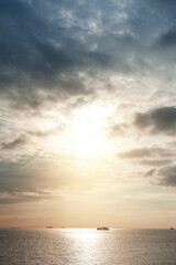 Beautiful landscape with dramatic sky, sea, ship and islands