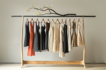 Selection of stylish dresses on a sleek wooden clothes rack against a neutral background