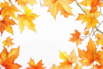Fototapeta premium Watercolor illustration of a border with yellow and orange maple leaves, with copy-space in center