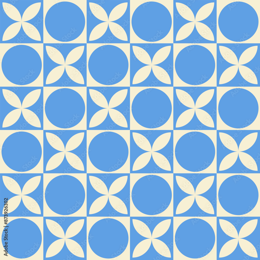 Poster trendy retro geometric seamless pattern with colorful circles, flowers and squares. modern abstract 