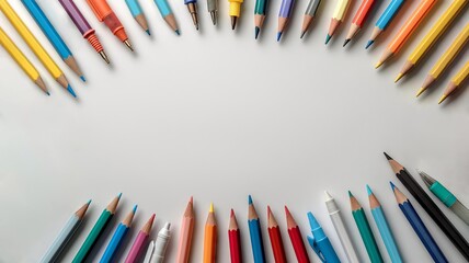 Fototapeta premium Horizontal AI illustration assorted pencils and pens arranged in a circle. Concept graphic resources