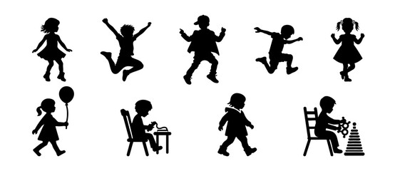 Vector silhouette of children. school boys and girls set. Little kids activity silhouette black filled vector Illustration icon.