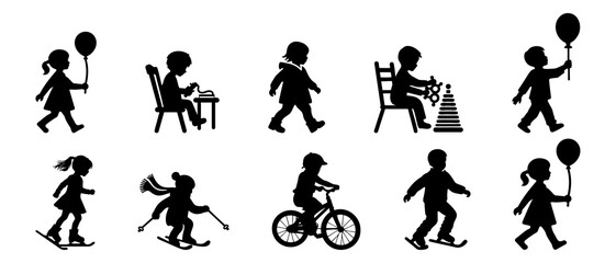 Vector silhouette of children. school boys and girls set. Little kids activity silhouette black filled vector Illustration icon.