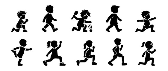 Vector silhouette of children. school boys and girls set. Little kids activity silhouette black filled vector Illustration icon.