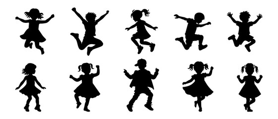 Vector silhouette of children. school boys and girls set. Little kids activity silhouette black filled vector Illustration icon.