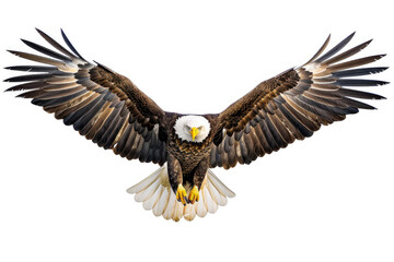 Obraz premium An eagle mid-soar, wings wide, isolated on a white background
