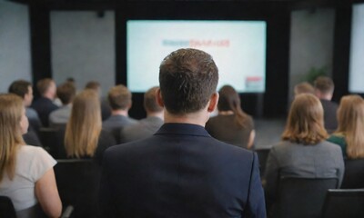 Fototapeta premium An image of a man sitting in a room with his back to the camera, watching a presentation .