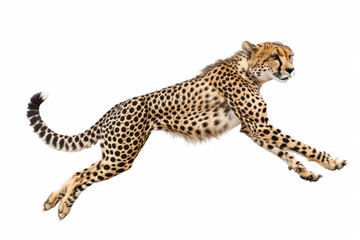 Fototapeta premium A cheetah mid-leap, muscles flexed, isolated on a white background