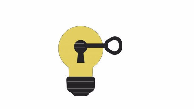 Unlocking lightbulb with key line 2D object animation. Sharing insights and creative ideas flat color cartoon 4K video, alpha channel. Innovative thinking development animated item on white background