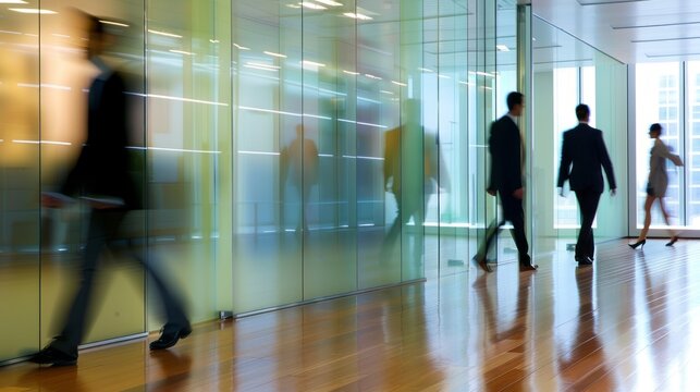 Business professionals walking with fast motion blur in modern office corridor - dynamic workplace environment capturing corporate team movement and office culture