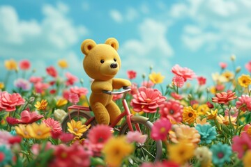 Fototapeta premium A teddy bear is riding a bicycle in a field of flowers