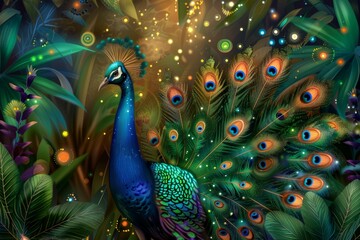 Fototapeta premium A magnificent peacock with its feathers fully spread, displaying vibrant colors and detailed patterns