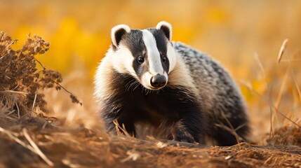A European badger in its natural habitat, looking directly at the camera.