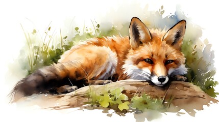Watercolor painting of a red fox resting on a rock.