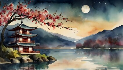 Obraz premium Pagoda with cherry tree swaying in the wind and moonlight, 4K resolution, watercolors, warm colors, mountain, lake, realistic colors.