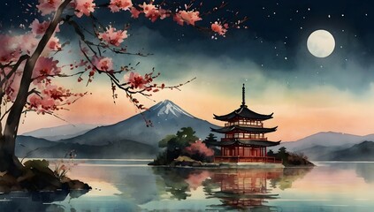 Obraz premium Pagoda with cherry tree swaying in the wind and moonlight, 4K resolution, watercolors, warm colors, mountain, lake, realistic colors.
