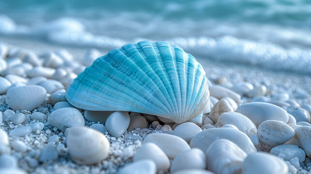 Blue seashell on a sandy beach surrounded by white pebbles.