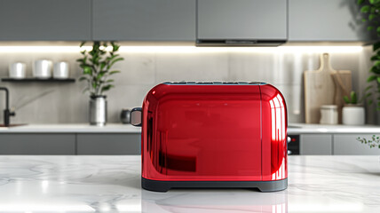 Red toaster on a white marble countertop in a modern kitchen.