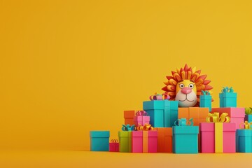 Fototapeta premium A colorful box of presents is piled on top of a yellow background