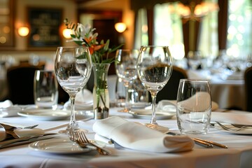 Beautifully set table with elegant cutlery and crystal wine glasses, ready for an upscale dining experience in a sophisticated restaurant setting.