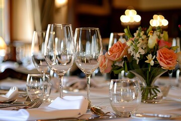 Fototapeta premium Beautifully set table with elegant cutlery and crystal wine glasses, ready for an upscale dining experience in a sophisticated restaurant setting.