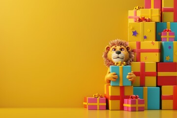 Fototapeta premium A colorful box of presents is piled on top of a yellow background