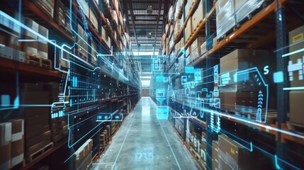 Smart logistics in a futuristic digital warehouse using augmented reality – high-tech innovative storage solutions displayed for e-commerce and delivery concepts