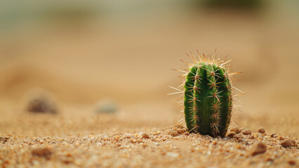 Small cactus growing in desert sand with a soft golden light
