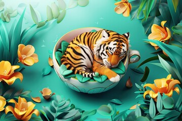 Fototapeta premium A tiger is sleeping in a cup with flowers around it
