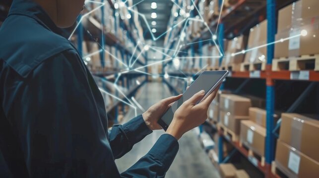 Manager using digital tablet to demonstrate smart warehouse inventory management system with advanced software in modern warehouse environment - business and technology concept for efficient inventory