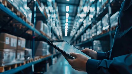 Manager using digital tablet to operate smart warehouse inventory management system, featuring advanced software and real-time tracking for efficient business operations and logistics management