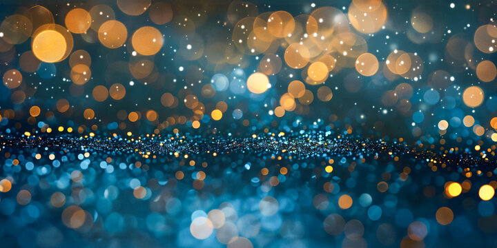 Fondo abstracto brillo azul y dorado con luces bokeh. Part&iacute;culas de oro volando en el aire sobre fondo azul oscuro. Navidad, A&ntilde;o Nuevo, boda u otro concepto de celebraci&oacute;n.