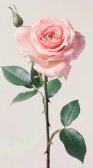 An elegant photograph capturing a realistic pink rose in exquisite detail, isolated against a soft, neutral studio background. The flower's delicate petals and vibrant hue convey a sense of romance