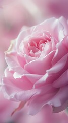 Obraz premium A close-up image of a pink rose, meticulously photographed to highlight its intricate textures and soft color tones. Set against a blurred background, this realistic depiction offers a serene