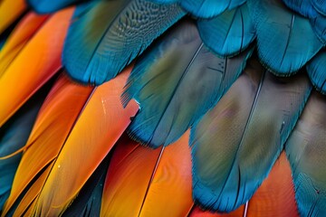 Fototapeta premium Closeup detailed photography of vibrant macaw feathers showcasing the natural beauty and flamboyant colors of this exotic bird's plumage in a tropical wildlife setting
