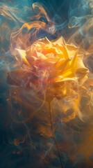 Fototapeta premium A close-up photograph of a yellow rose, meticulously captured in a studio environment with soft, ambient lighting and a vibrant surrealism smoke background. The intricate details of the flower's