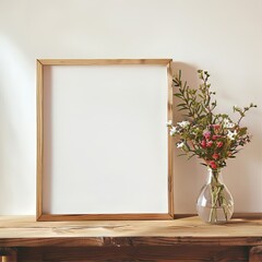 Minimalist still life with a wooden frame and a vase of flowers