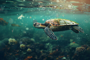 a turtle swimming in a polluted sea 