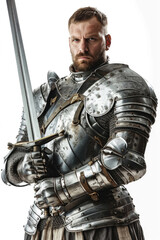 Medieval knight with armor and sword on a white backdrop