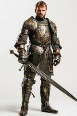 Fototapeta premium Medieval knight with armor and sword on a white backdrop