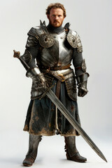 Obraz premium Medieval knight with armor and sword on a white backdrop