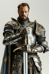 Medieval knight with armor and sword on a white backdrop