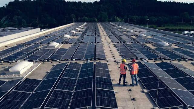 Drone rising above two contractors standing on rooftop solar panel array. Workers in safety helmets walking inspecting sustainable energy PV modules aerial back view