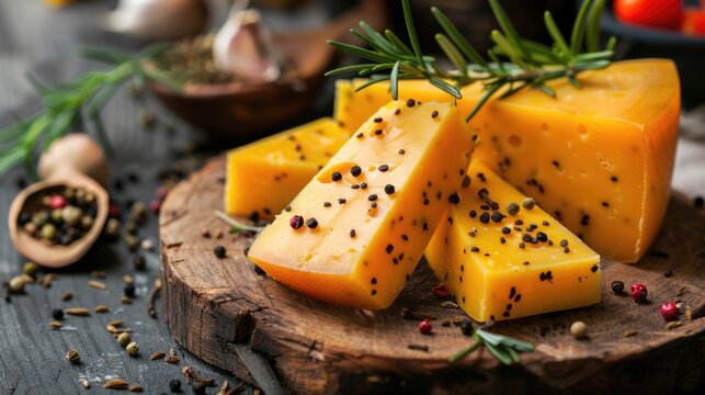 Cheese Gouda. Hard Yellow Dutch Gouda Cheese with Aromatic Seeds and Spices