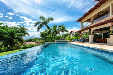 Fototapeta premium Concrete Pool in Suburban Residential Backyard. Luxury Swimming Facility with Tropical Vibes