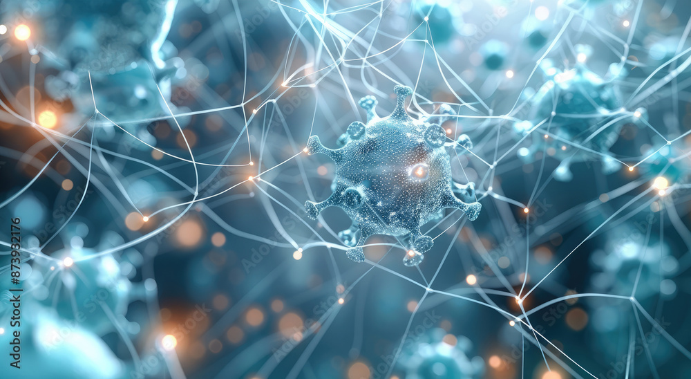 Poster a digital network composed of virus-like nodes, each emitting a soft luminescence, connected by fine