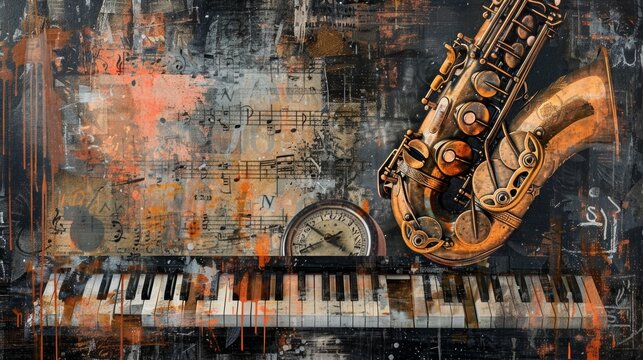 musical instruments collage, a vintage metronome, piano keys, and saxophone combined in a classic mixed media collage with musical instruments