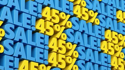 Discount sale 45% off yellow and blue sign. 10% to 90% sale promotion for advertising, special offer, mega sale, hot deal, cyber week, black friday flash and flat sale. 