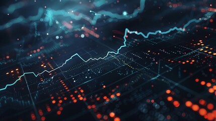 Fototapeta premium Digital graph displaying stock market trends with rising and falling financial data, perfect for business analysis, financial forecasting, investment strategies, and trading insights in a modern corpo